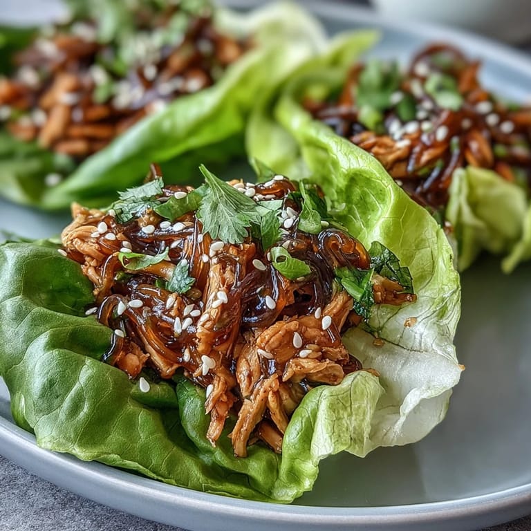 Ready-to-eat Potsticker Noodle Lettuce Cups garnished with fresh herbs, perfect for a light, low-carb weeknight dinner.
