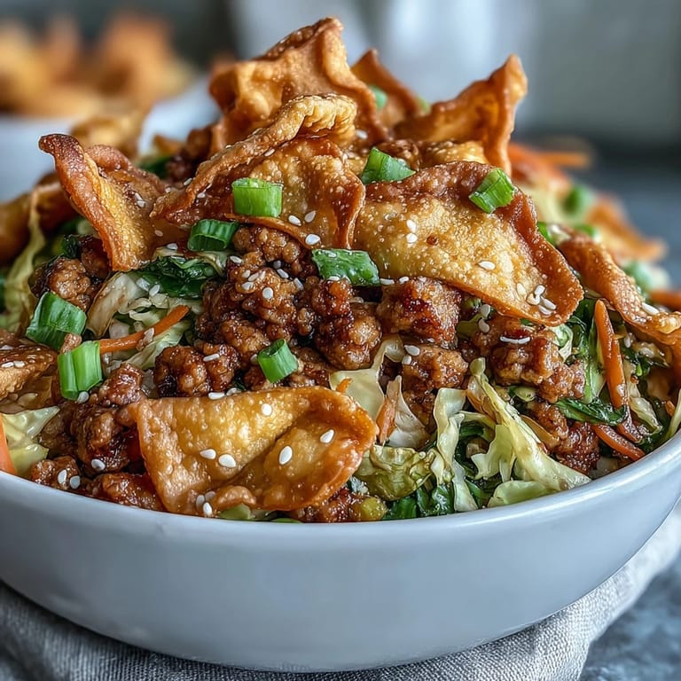 Savory Crispy Baked Egg Roll Chicken Bowls topped with fresh green onions and sesame seeds, ready to serve with chili sauce.