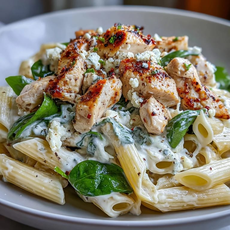Freshly wilted spinach and lemony Greek Chicken Feta Pasta Skillet topped with parsley garnish.