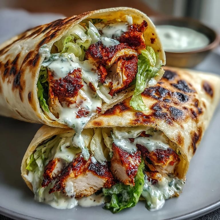 Golden naan flatbread folded around a hearty Caesar salad with juicy grilled chicken, served with lemon wedges on the side.