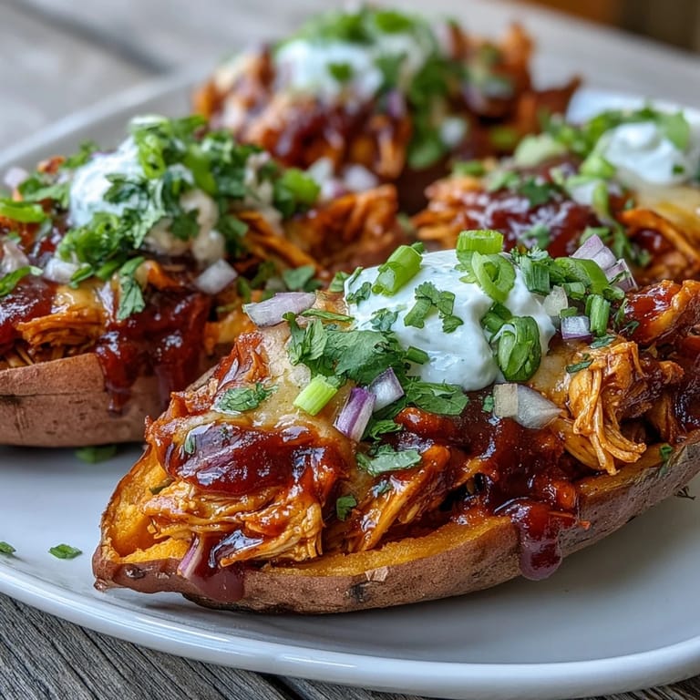 Savory honey BBQ chicken stuffed sweet potatoes, garnished with cilantro and red onion, served hot on a rustic wooden board.