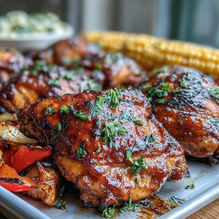 Crispy-skinned chicken thighs coated in rich BBQ sauce alongside tender corn and caramelized bell peppers for a hearty, flavorful meal.