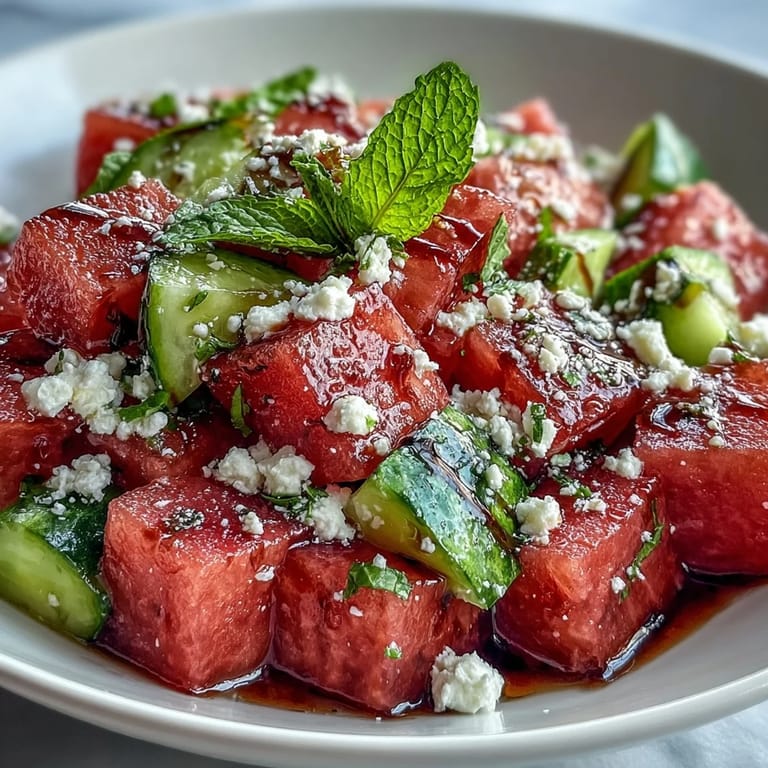 Colorful watermelon feta cucumber salad with mint, perfect for picnics and BBQs.  