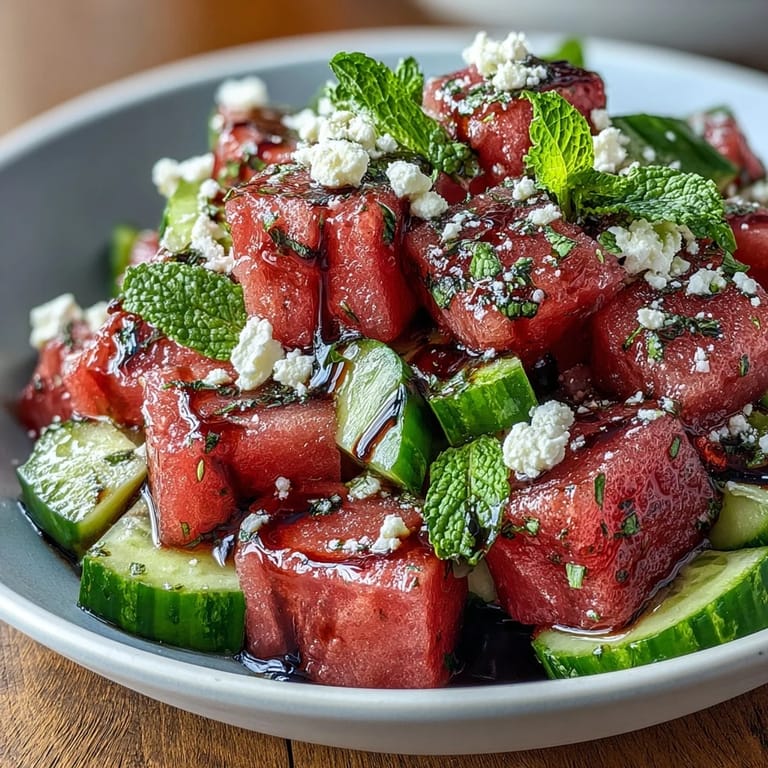 Refreshing Mediterranean watermelon salad with feta and balsamic glaze, served in a white bowl.