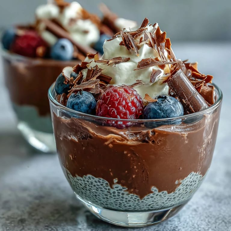Rich, dark chocolate chia pudding topped with airy coconut cream and vibrant raspberries, perfect for a guilt-free breakfast or snack.