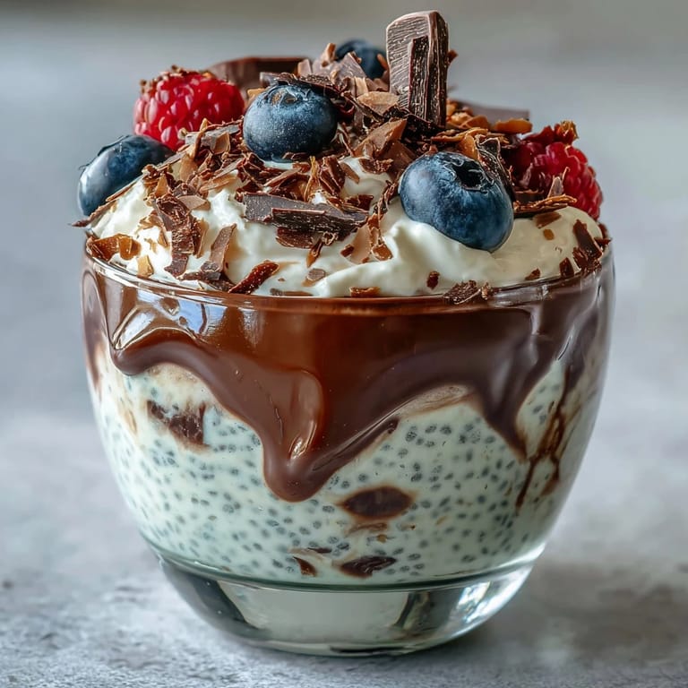 Decadent vegan chocolate chia pudding layered with smooth coconut whip, garnished with toasted coconut and fresh strawberries for a luscious parfait.