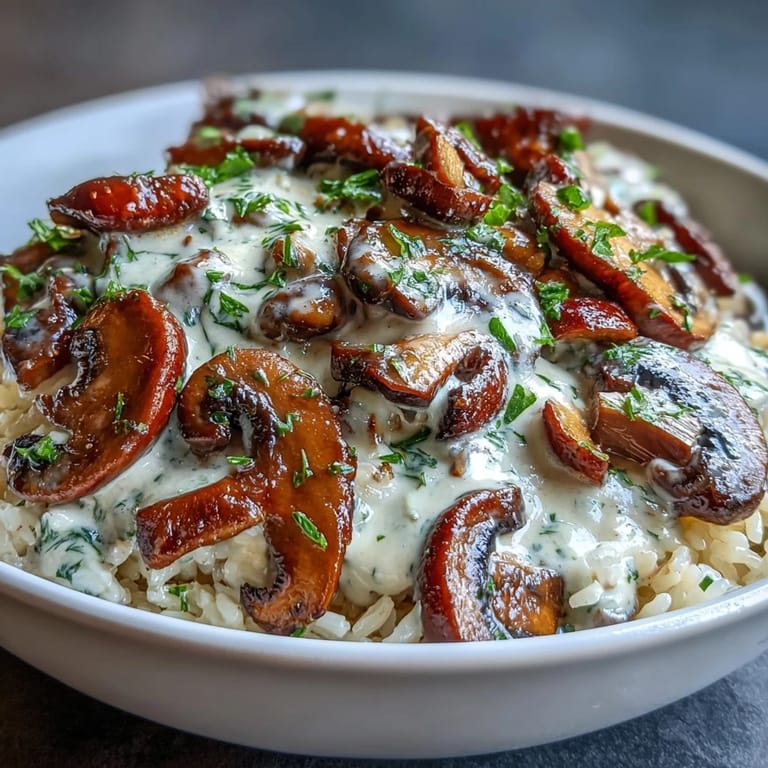 Flavorful vegan mushroom stroganoff spooned over nutty brown rice, garnished with fresh parsley.
