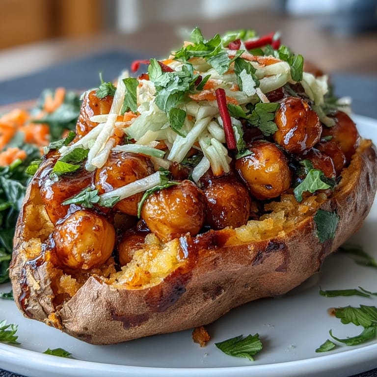 Tender sweet potatoes loaded with savory BBQ chickpeas and topped with vibrant red cabbage slaw for a plant-based meal.  