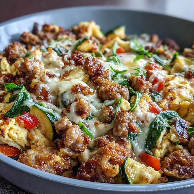 Close-up of a finished keto sausage and veggie scramble in a skillet, garnished with fresh herbs.