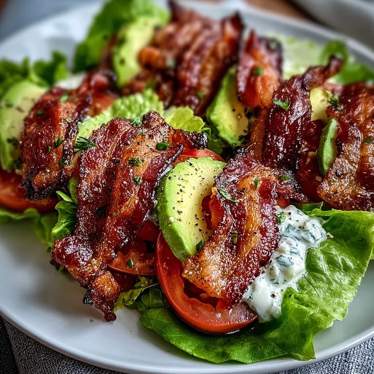 Crunchy lettuce wraps bursting with smoky bacon, ripe avocado, and tangy garlic mayo, finished with a generous crack of black pepper.  