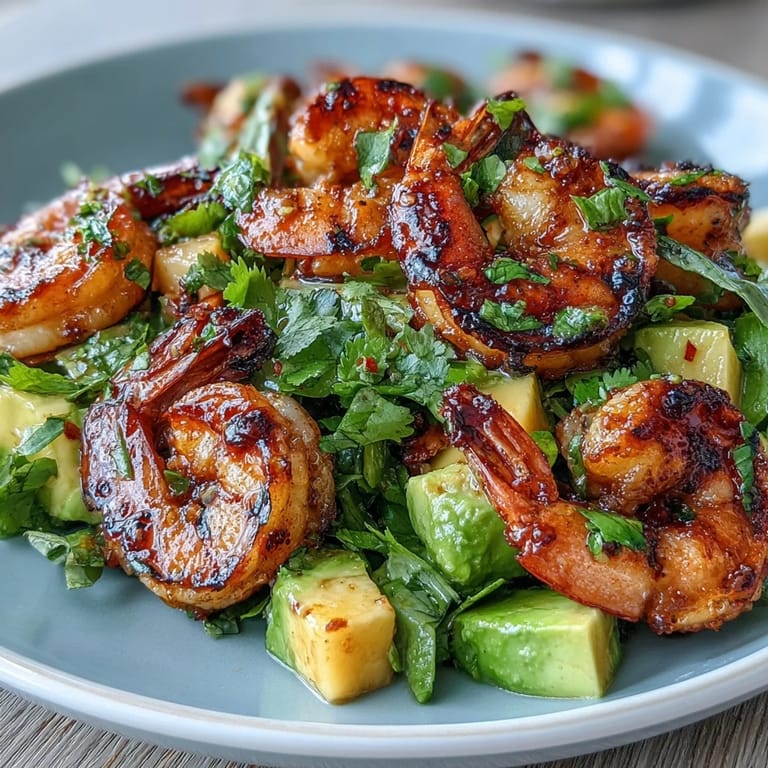 Fresh salad with juicy mango, ripe avocado, and smoky grilled shrimp, finished with a tangy chili-lime vinaigrette for bold flavor.