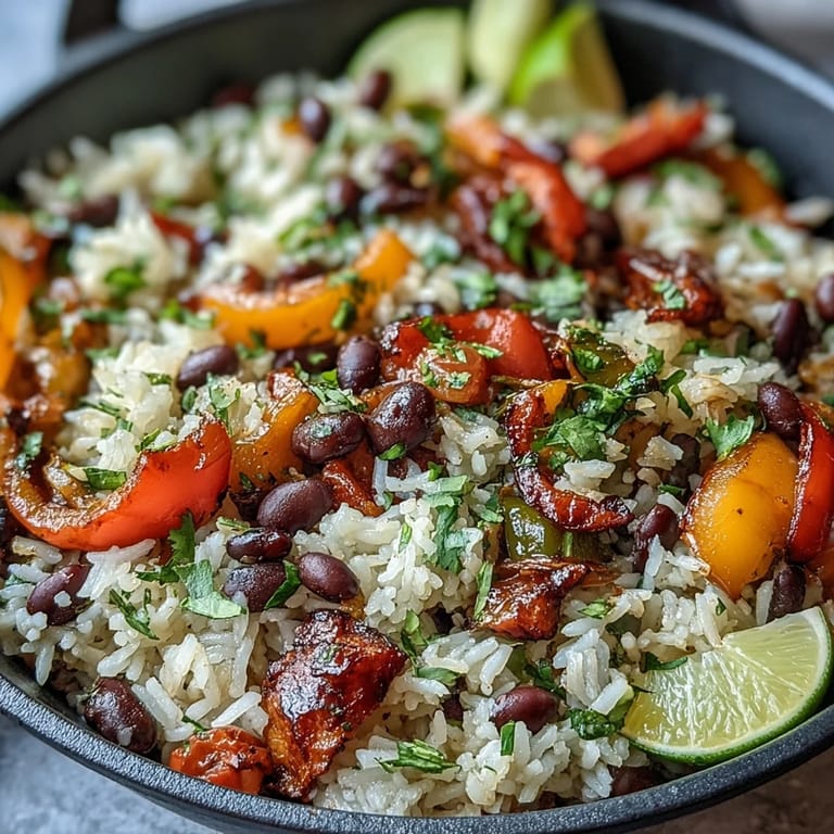 One-pan vegan fajita rice skillet featuring sautéed bell peppers, onions, and black beans, seasoned with cumin and smoked paprika for bold flavor.  