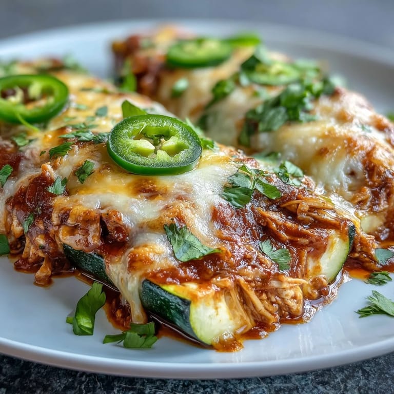 Low-carb zucchini boats stuffed with spiced chicken enchilada mix and topped with gooey melted cheese for a keto-friendly dinner.  