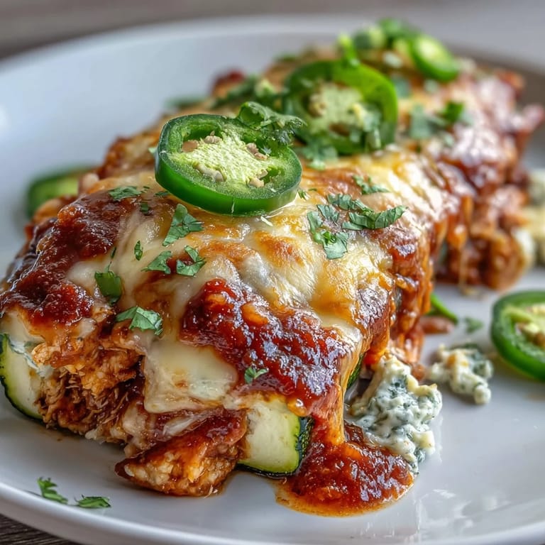 Zucchini halves loaded with flavorful chicken enchilada filling, baked with melted cheese and garnished with fresh cilantro and jalapeño slices.