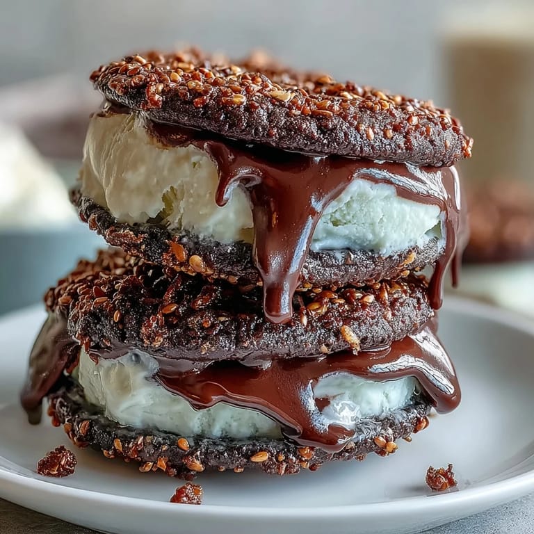 Rich black sesame ice cream nestled in soft, chewy black sesame cookies, offering a unique Asian fusion treat.