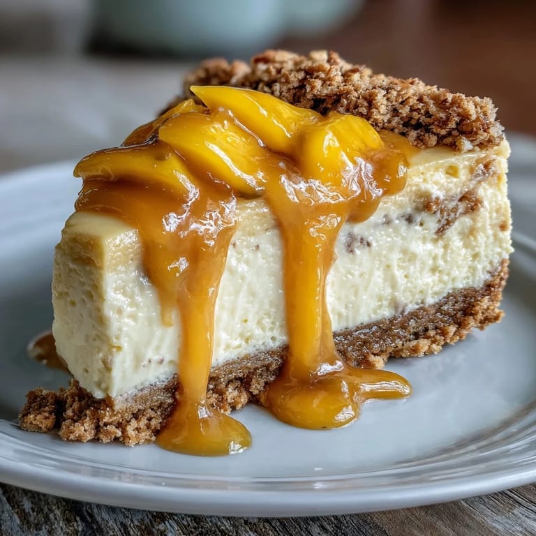 Silky smooth mango cheesecake topped with a bright mango coulis, showcasing a rich golden hue and creamy texture, perfect for a luscious summer treat.