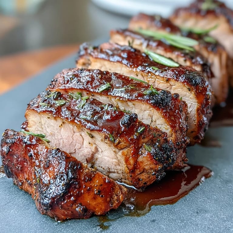 Succulent jerk pork tenderloin with smoky, spicy flavors, sliced and plated alongside colorful grilled vegetables and rice.