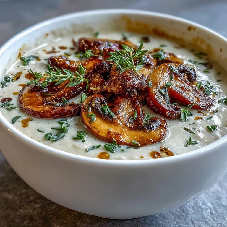 Velvety wild mushroom bisque served in a rustic bowl, topped with a swirl of cream and fresh chives for a gourmet touch.