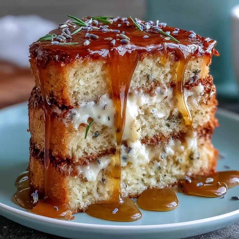 Fluffy salted honey lavender cake topped with glistening drizzle and delicate edible lavender buds.  