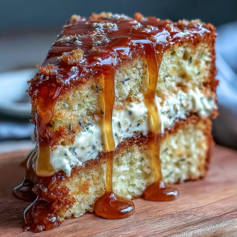 Elegant lavender cake with rich salted honey glaze, ideal for afternoon gatherings or special desserts.