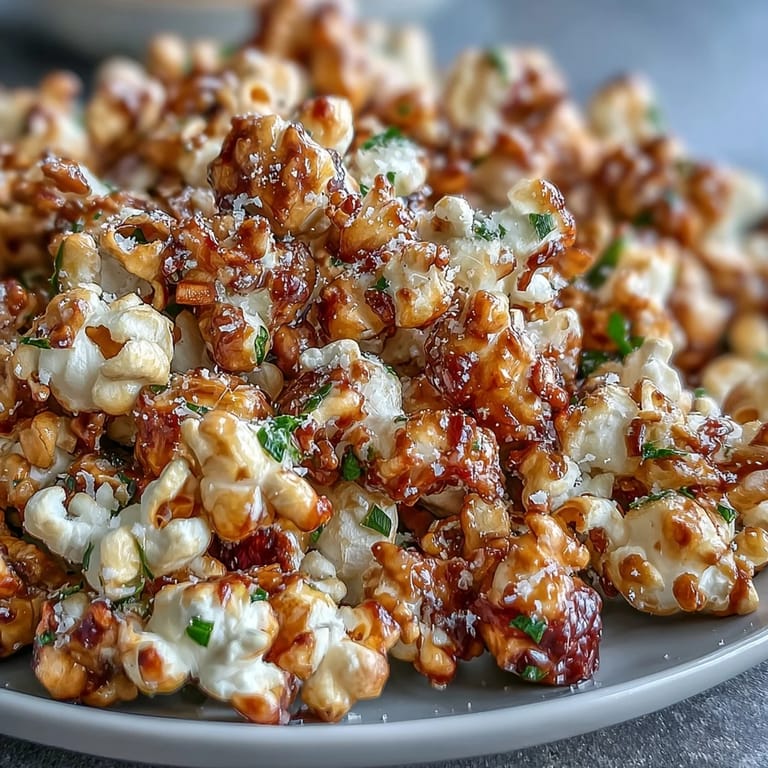 Luxurious truffle oil popcorn topped with Parmesan and garlic, perfect for movie nights or gatherings.