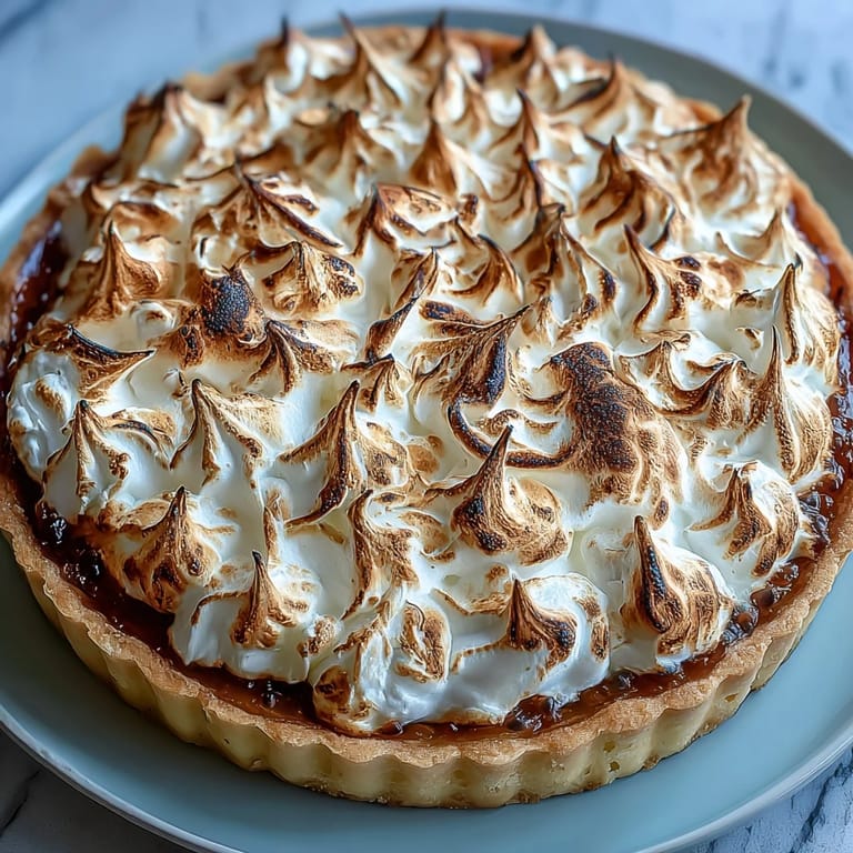 Golden meringue swirls atop tangy passionfruit curd in a buttery tart shell, creating a refreshing and elegant dessert.