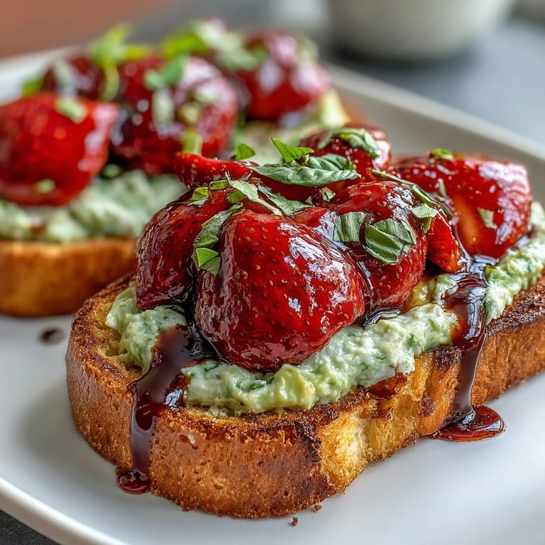 Avocado toast with strawberries and balsamic glaze, perfect for Galentine's brunch, served on rustic sourdough bread.