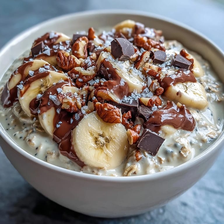 Velvety Greek yogurt overnight oats layered with sweet banana and melted dark chocolate chips, perfect for meal prep.  