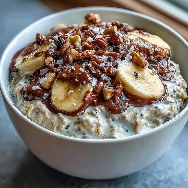 No-cook breakfast jar filled with rolled oats, banana slices, and dark chocolate, ready to grab and go.