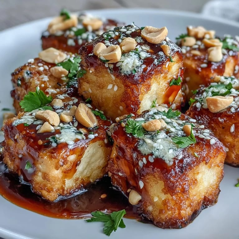 Air fryer tofu with peanut sauce, featuring crispy edges and a savory-sweet glaze, perfect as a main or appetizer.  