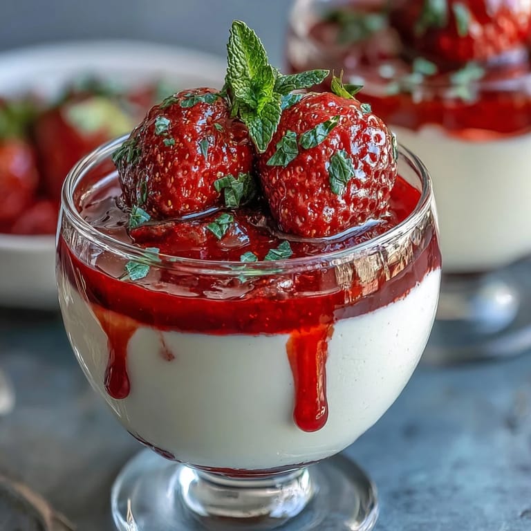 Creamy Italian panna cotta served in elegant glasses with a glossy red strawberry coulis and fresh berry garnish.  