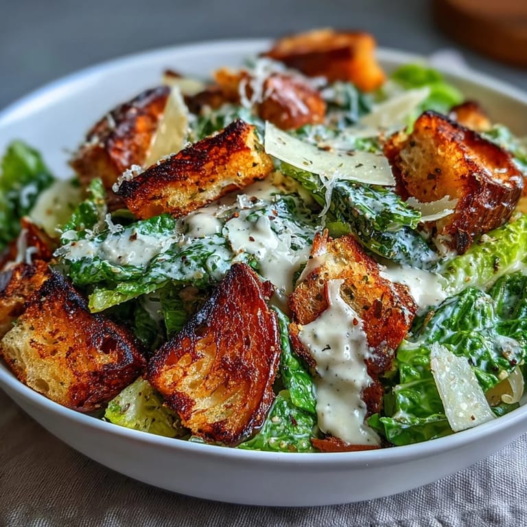 Enjoy a hearty Caesar salad with tangy dressing, crunchy sourdough croutons, and fresh greens, perfect for a light yet satisfying meal.