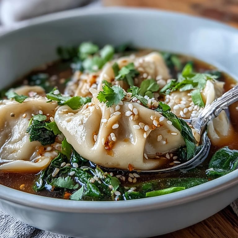 Cozy Asian dumpling soup with bok choy and ginger, garnished with green onions and chili oil for a warming, flavorful meal.