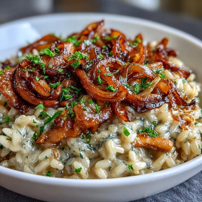 Savory mushroom risotto with sweet caramelized onions, creamy Arborio rice, and Parmesan, served in a rustic bowl with fresh parsley.