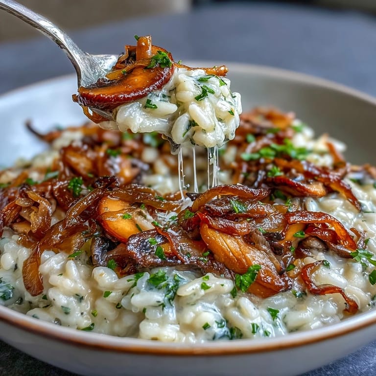 Warm bowl of mushroom and caramelized onion risotto, featuring tender rice, golden onions, and earthy mushrooms, perfect for a cozy dinner.