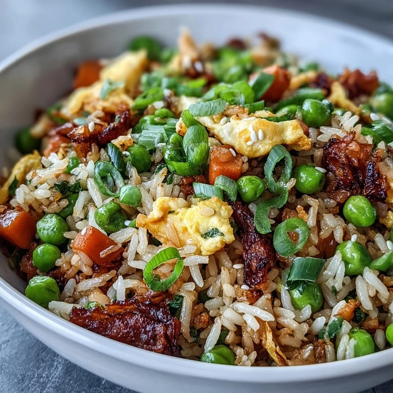 Fresh spring peas and carrots shine in this easy, flavorful fried rice, perfect for a quick meal.  