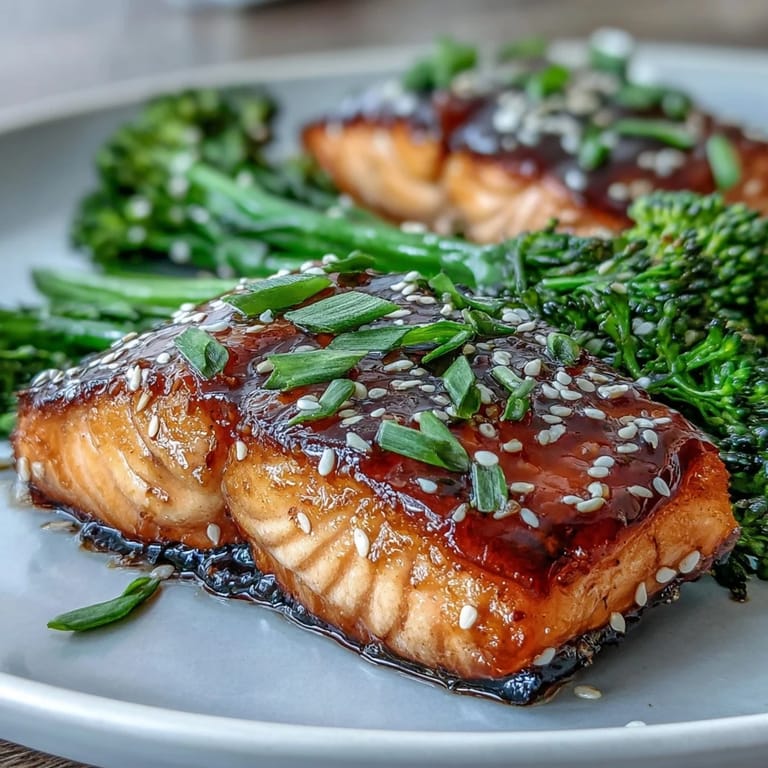 3. Flavorful Asian-inspired salmon with honey and soy, accompanied by bright green broccoli sprinkled with crunchy sesame seeds.