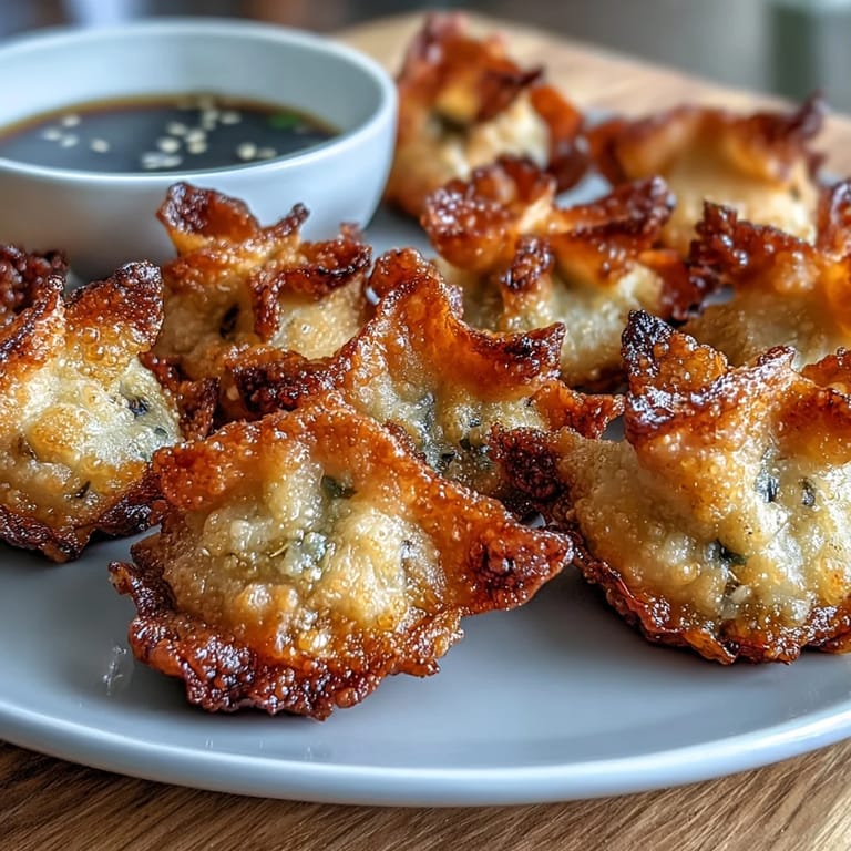 Delicious air-fried dumplings with crisp edges, filled with pork and veggies, served alongside a zesty soy ginger dipping sauce.