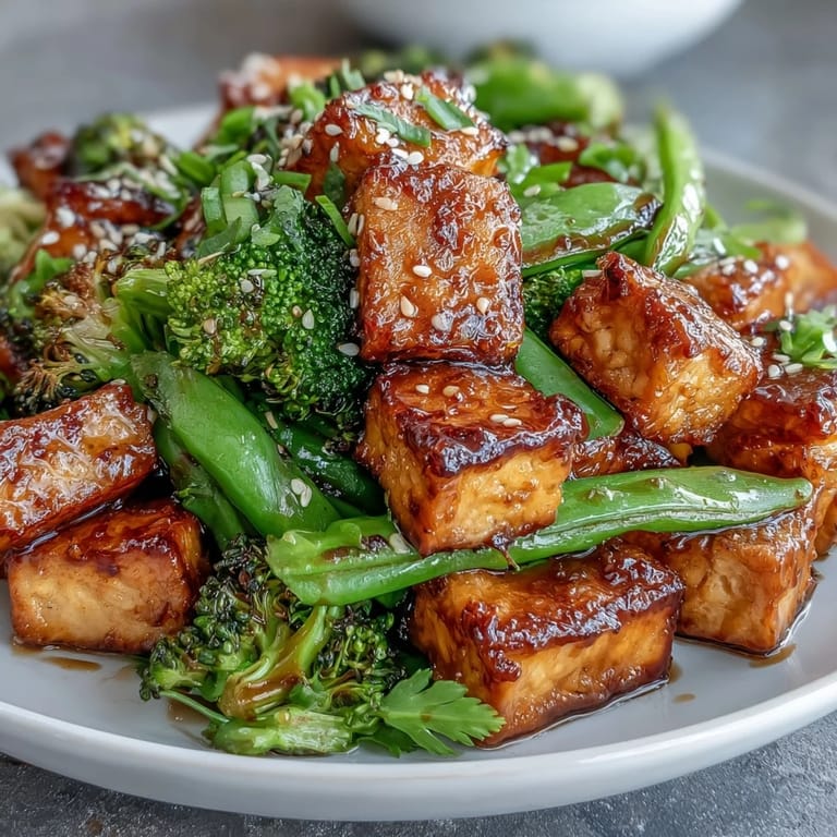 A healthy, plant-based dinner featuring golden tofu, crisp vegetables, and savory teriyaki glaze, served over rice.  