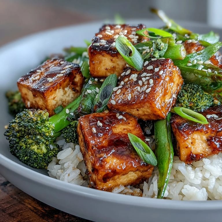 Colorful stir-fry of crispy tofu, broccoli, and snap peas tossed in rich teriyaki sauce, perfect for quick meals.