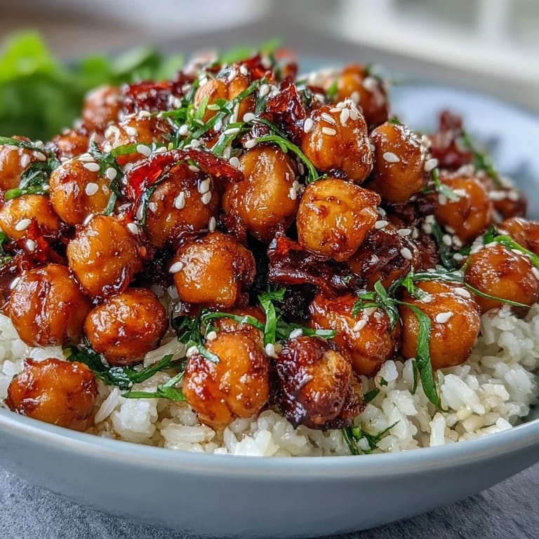 Golden roasted chickpeas tossed in chili-garlic sauce atop steaming jasmine rice with fresh scallions.  