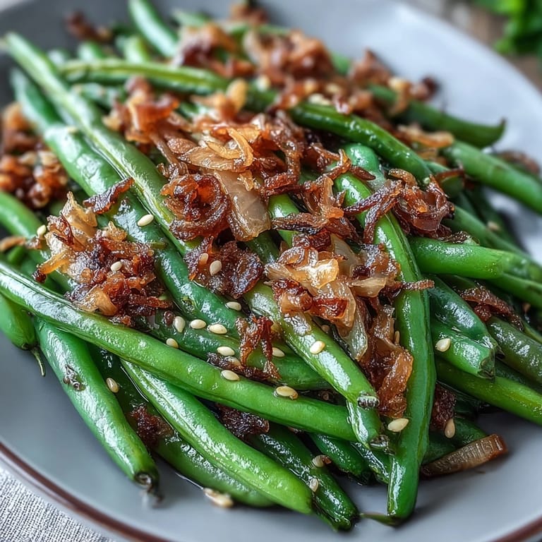 Vibrant green beans tossed in sesame-garlic sauce and finished with crispy fried onions for added texture.