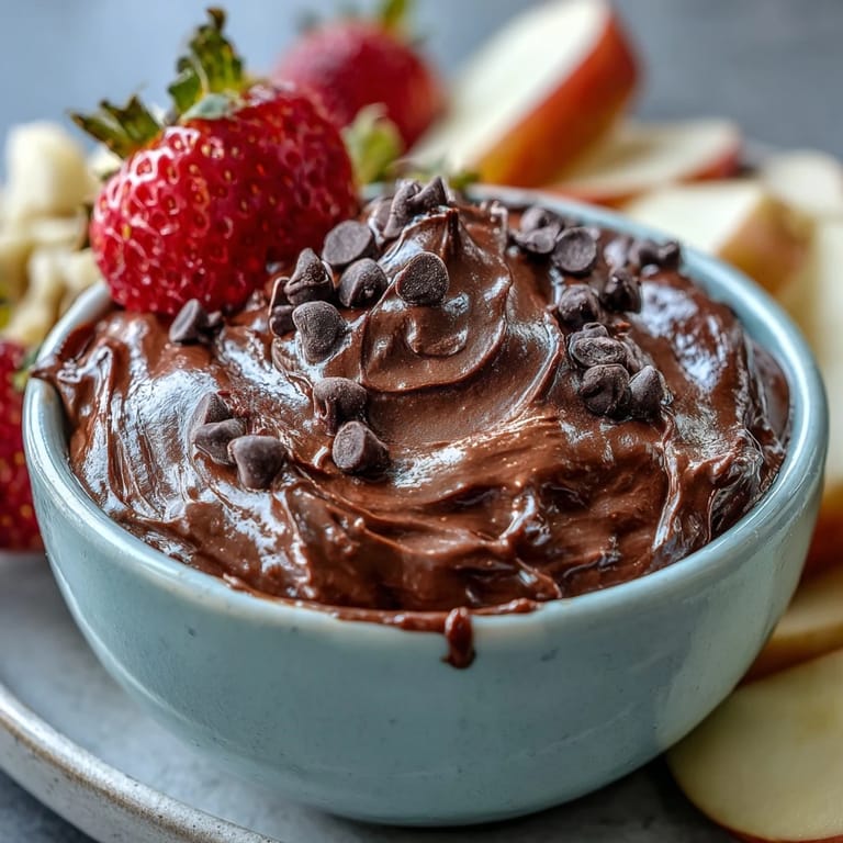 Rich and chocolatey cottage cheese brownie batter dip topped with extra chocolate chips, paired with colorful fresh fruit dippers for a healthy snack.