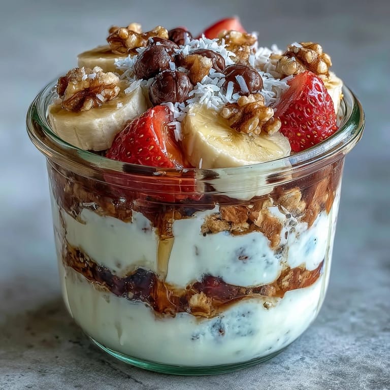 Creamy Greek yogurt layered with banana, strawberries, and blueberries in a breakfast parfait.  