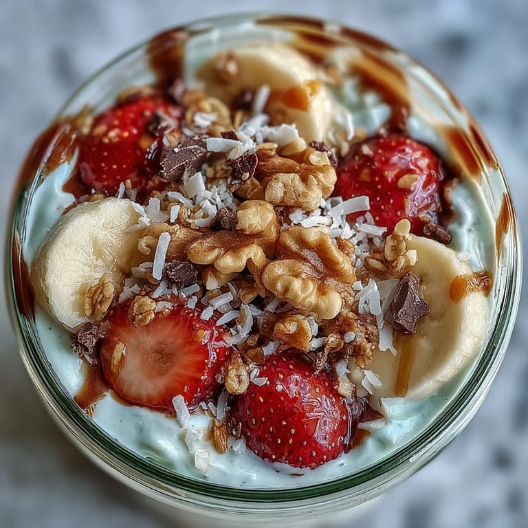 Wholesome breakfast jar featuring banana split flavors, crunchy granola, and chocolate chips.
