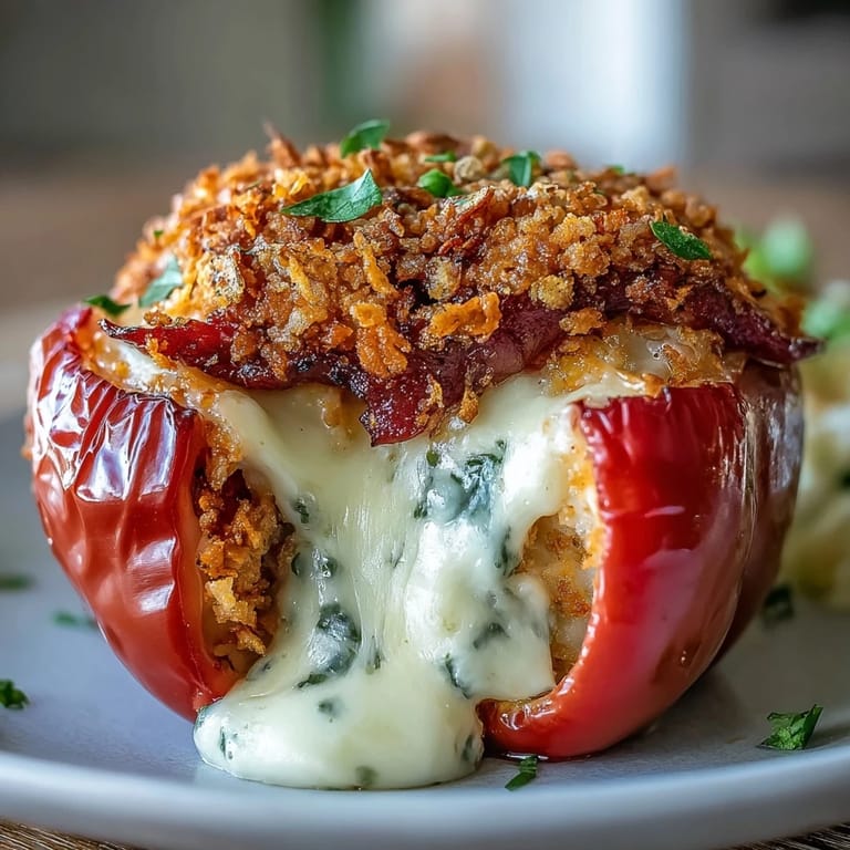 Comforting stuffed bell peppers filled with cheesy funeral potatoes and topped with buttery crushed cornflakes.
