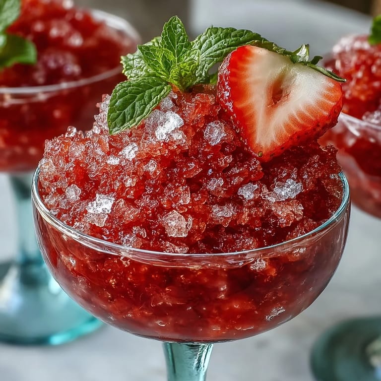 Fluffy, icy strawberry lime daiquiri granita scooped into chilled cups, perfect for a refreshing summer dessert.  