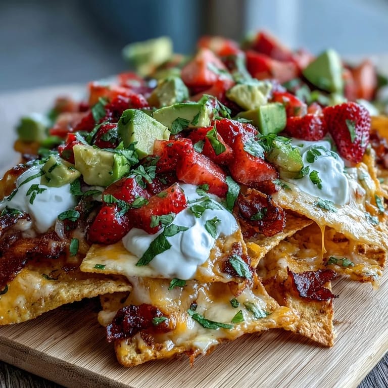 Festive nachos piled high with creamy avocado, pickled jalapeños, and a bright strawberry salsa, ideal for summer gatherings.