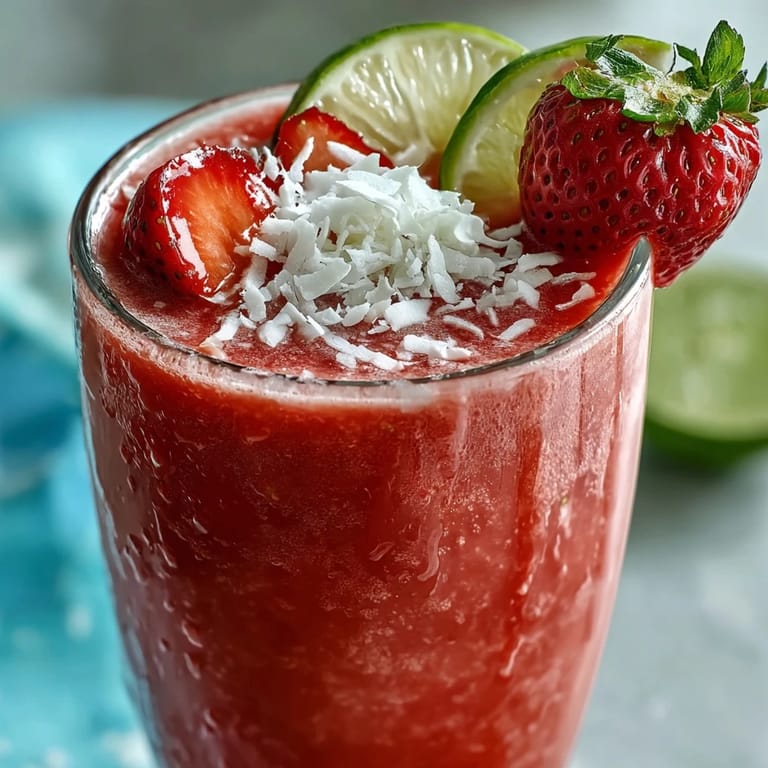 Smooth and frosty strawberry coconut daiquiri smoothie, naturally sweetened with agave and lime, garnished with coconut and lime wedges for extra flavor.