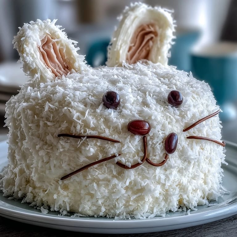 Delightful Easter Bunny Cake with Coconut Frosting, perfect for spring celebrations, decorated with colorful candies and a fluffy coconut coat.